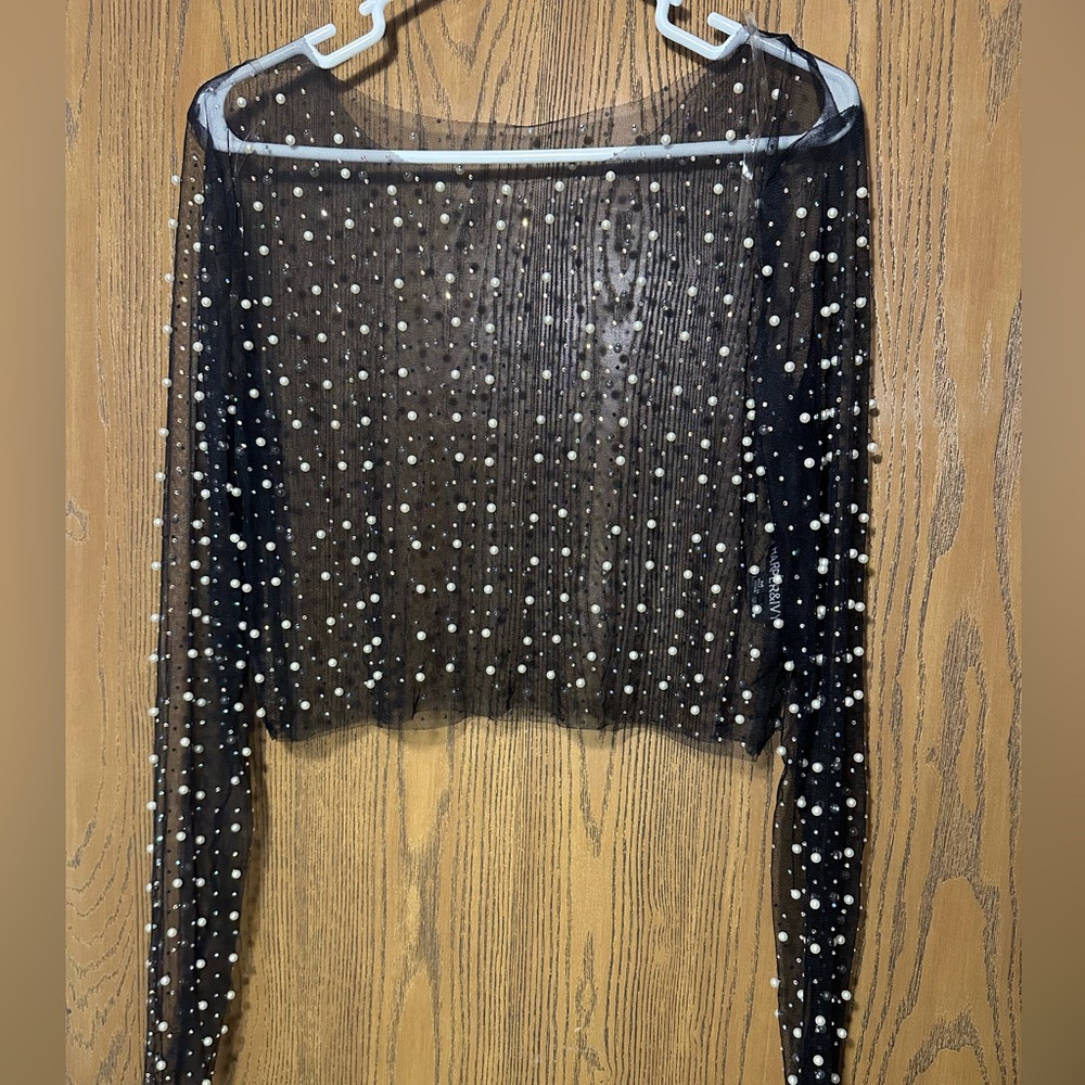 SO Black Sheer Pearl-Studded Long Sleeve Crop Top